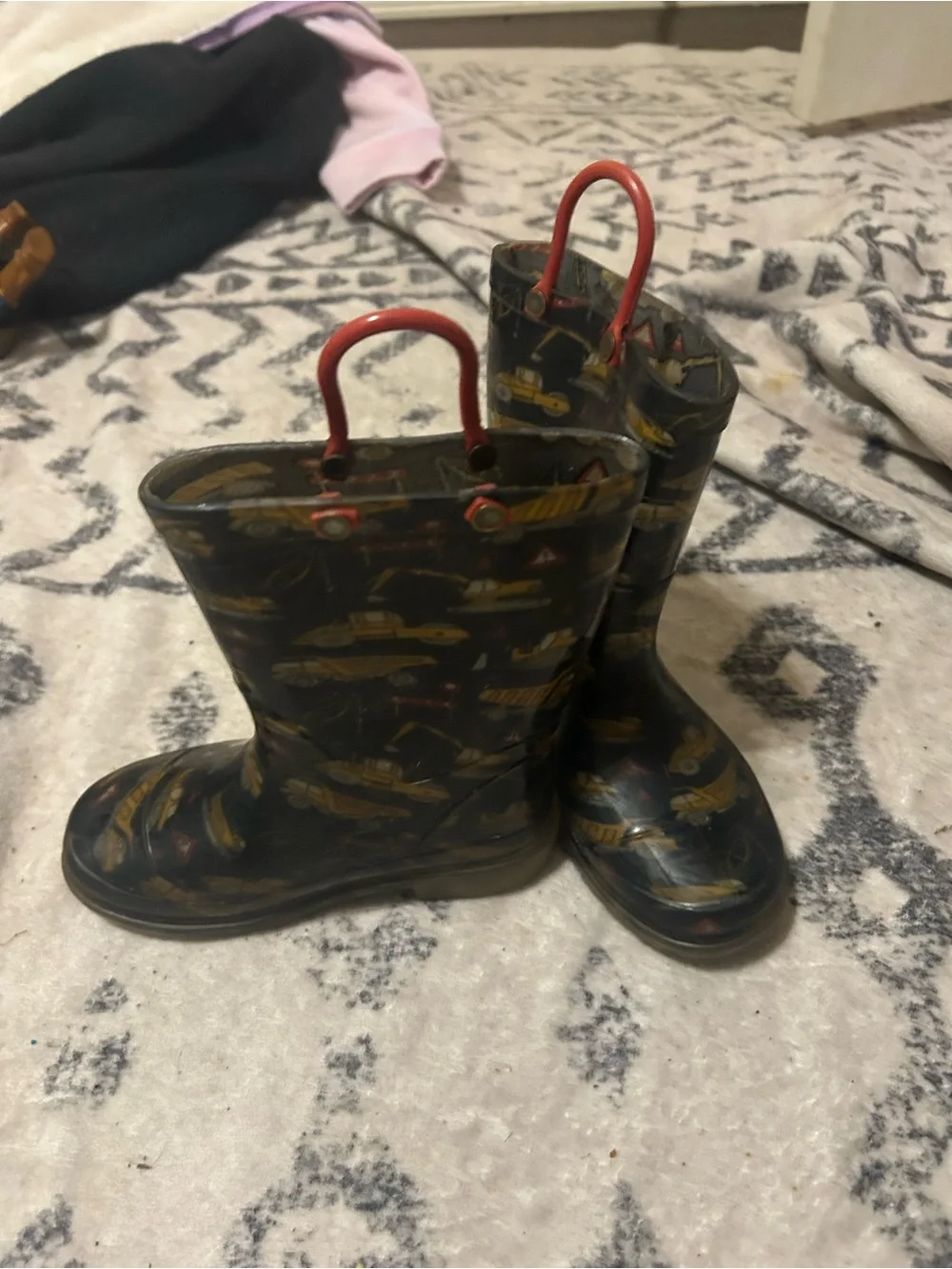 Kids Waterproof Rain Boots in Black with Yellow Car Print