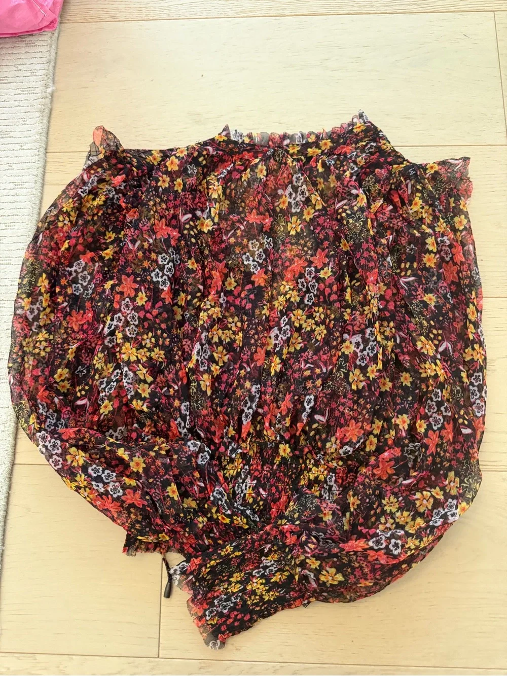 Free People Black Floral Ruffle Smocked Waist Blouse - Red Yellow Pink