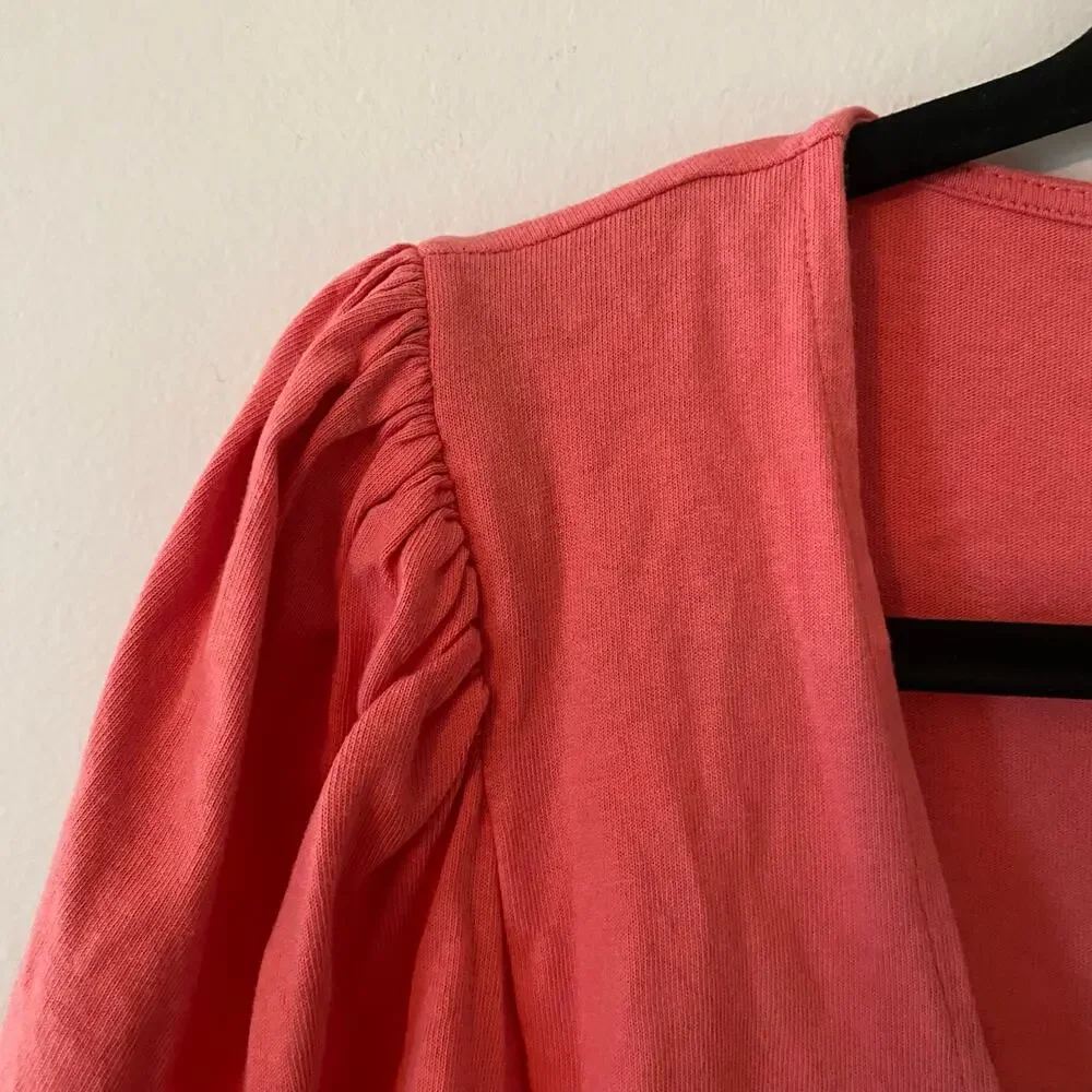 Free People Hot Pink Kitty Tee Puff Sleeve Cropped Tie Blouse Women's size XS