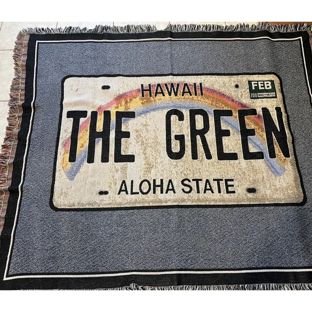 Hawaii State License Plate Tapestry Throw Blanket Fringe The Green State Travel