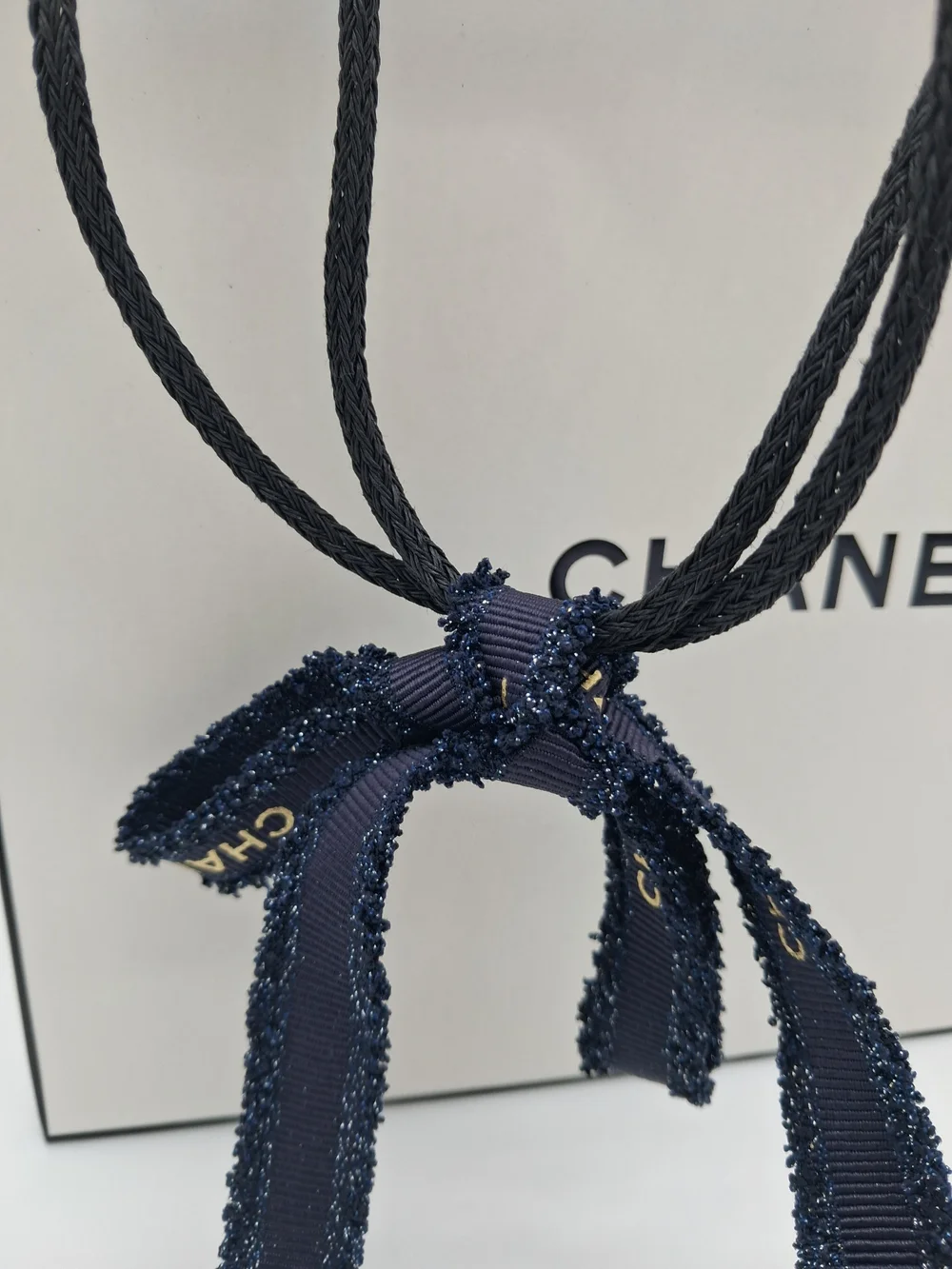 CHANEL White Black Shopping Gift Bag Rope Handles Logo Ribbon Luxury Packaging