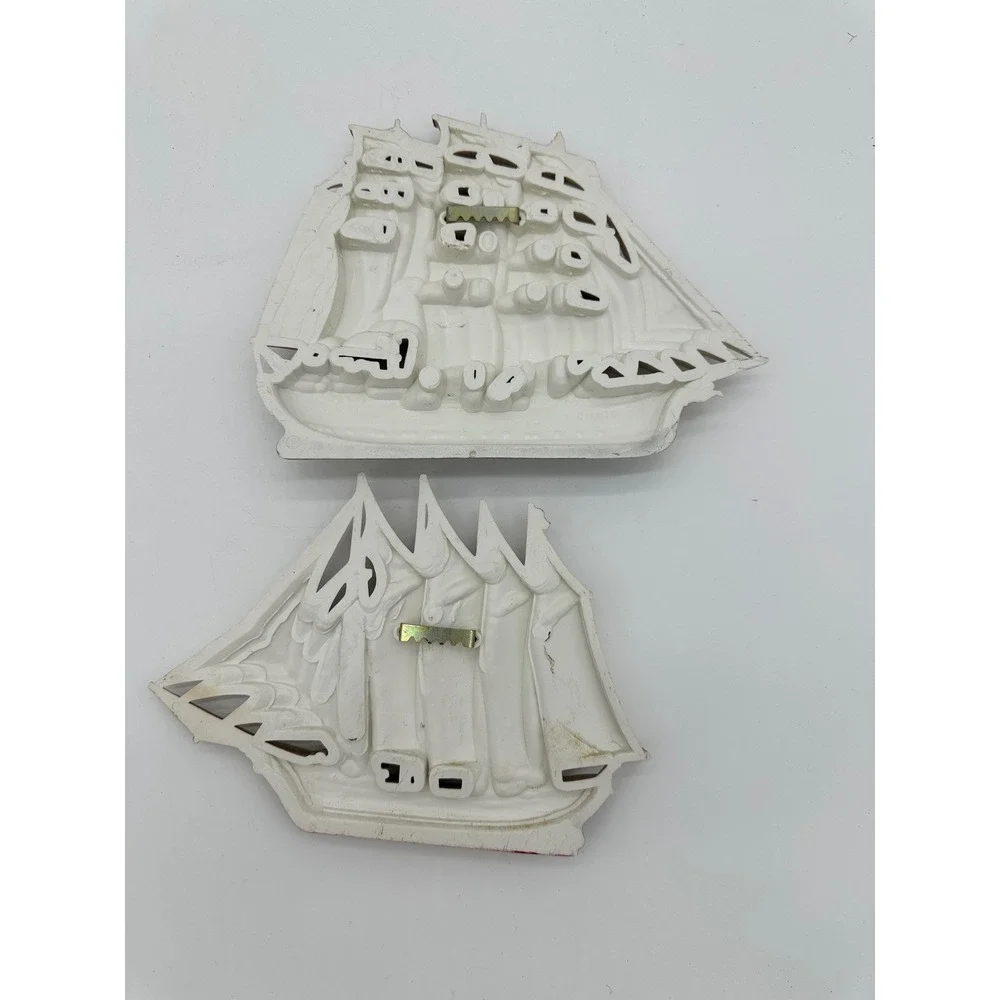 Vintage Sailing Ship Wall Decor Nautical 3D Relief Plaques Cream White Set of 2‎