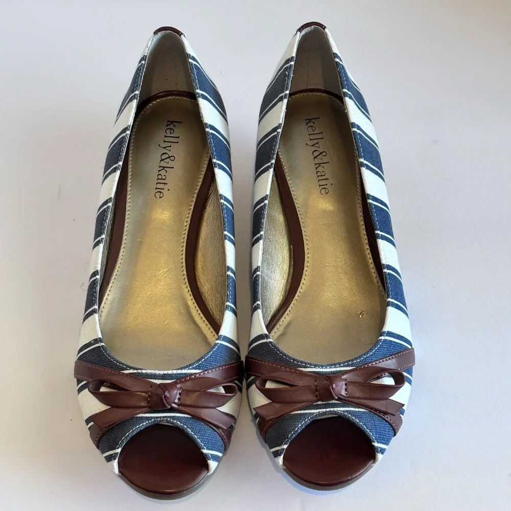 Kelly & Katie Women's Open Toe Low Wedge Cork Heel Blue White Stripe Fabric Shoe