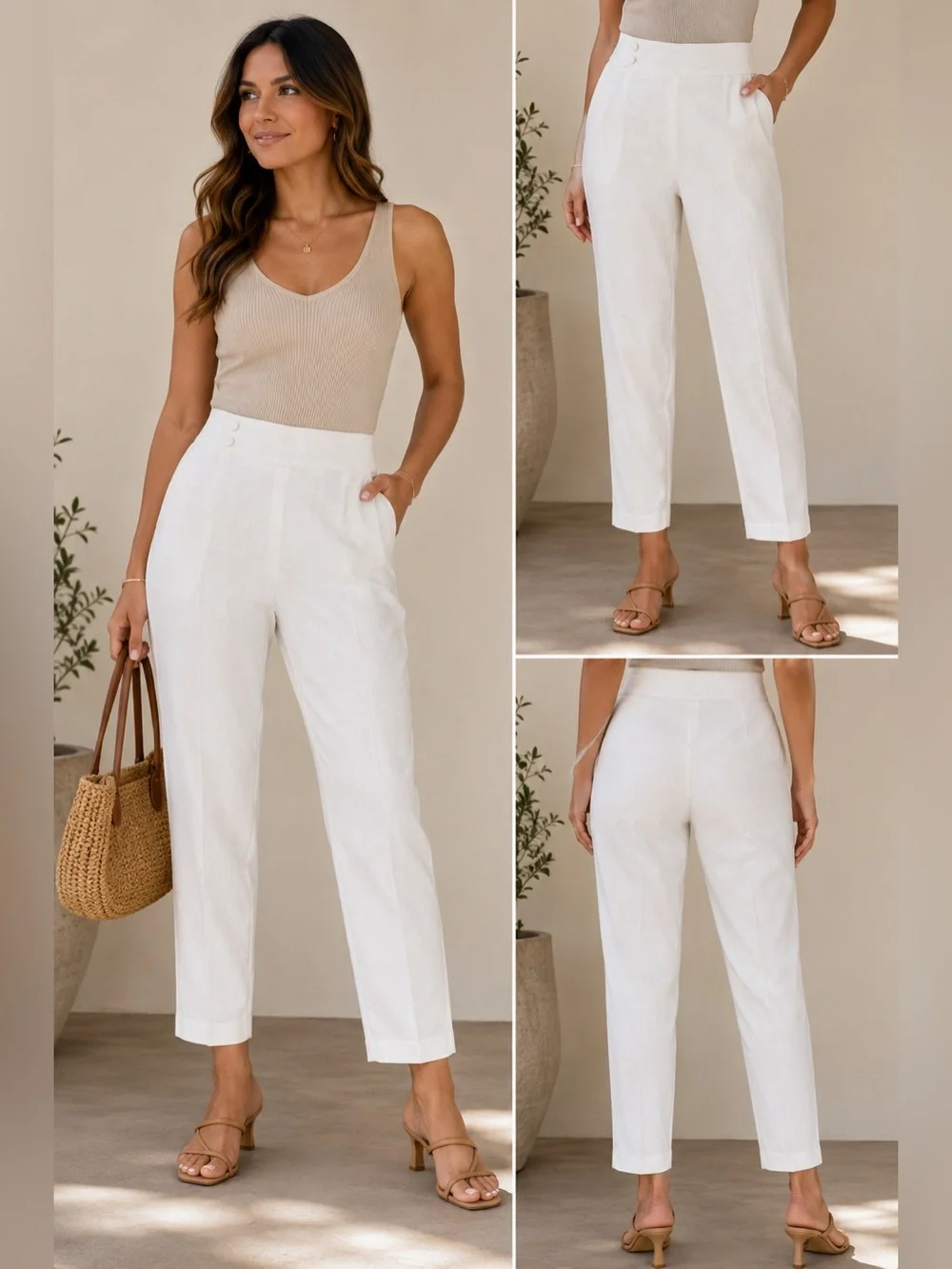Sézane White Linen Blend High Rise Straight Leg‎ Trousers Women’s Size 38