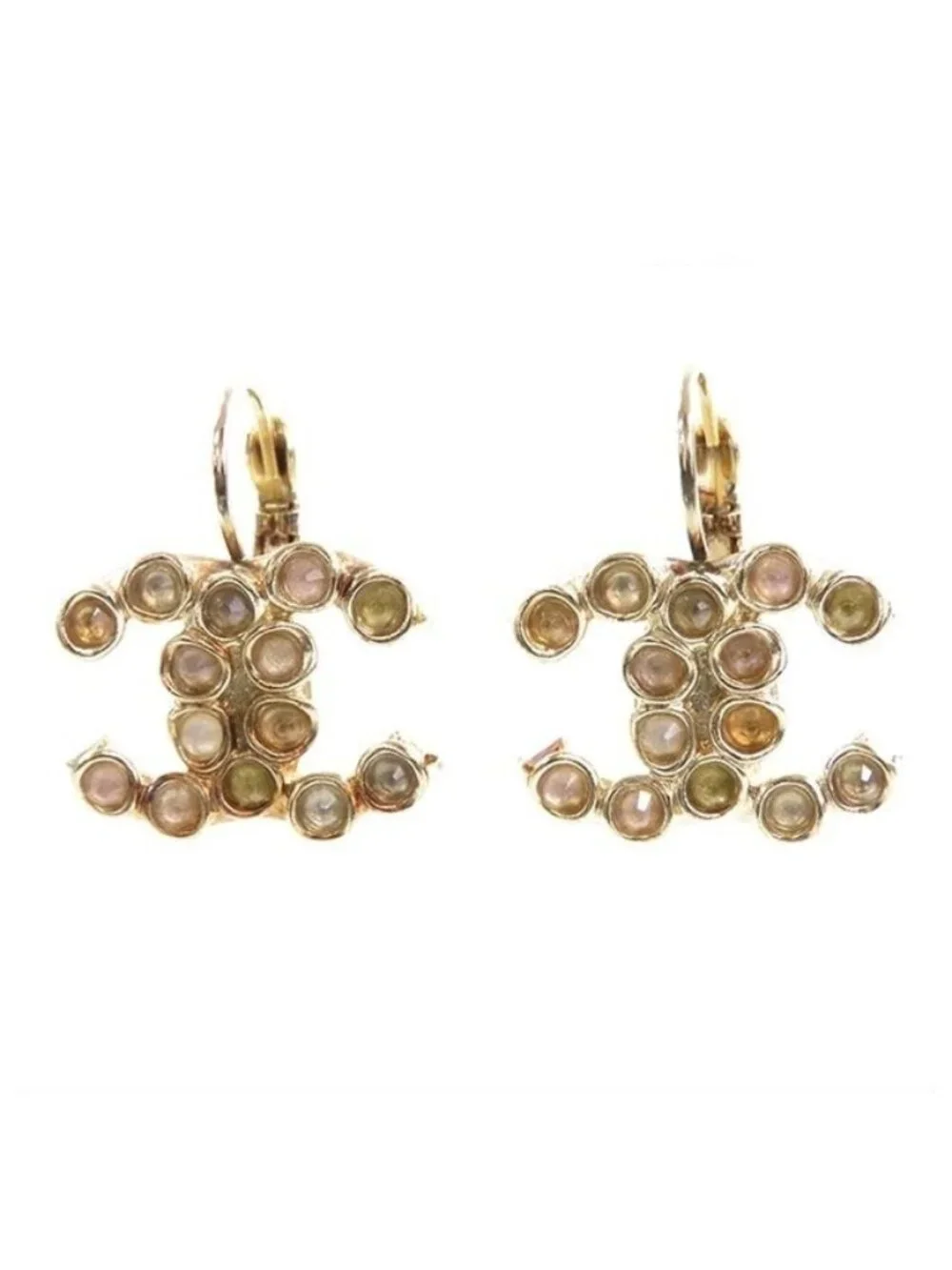 Chanel CC Logo Hook Earrings Gold Metal Rhinestone Color Stone 18