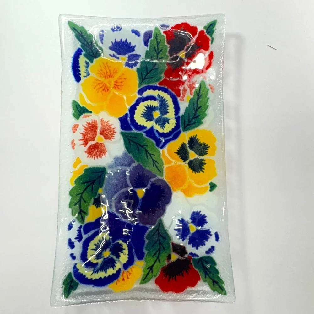Peggy Karr‎ Fused Art Glass Rectangular Pansies Tray 10 x 6 in Retired
