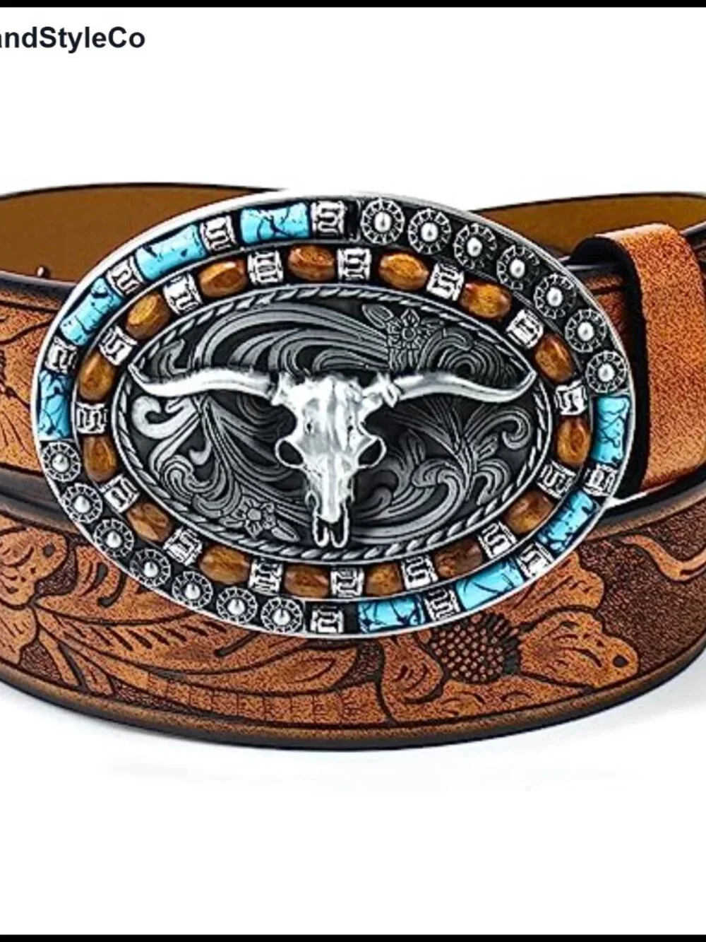 Western Cowgirl Leather Belt for Women Turquoise Oval Buckle Embossed Belt