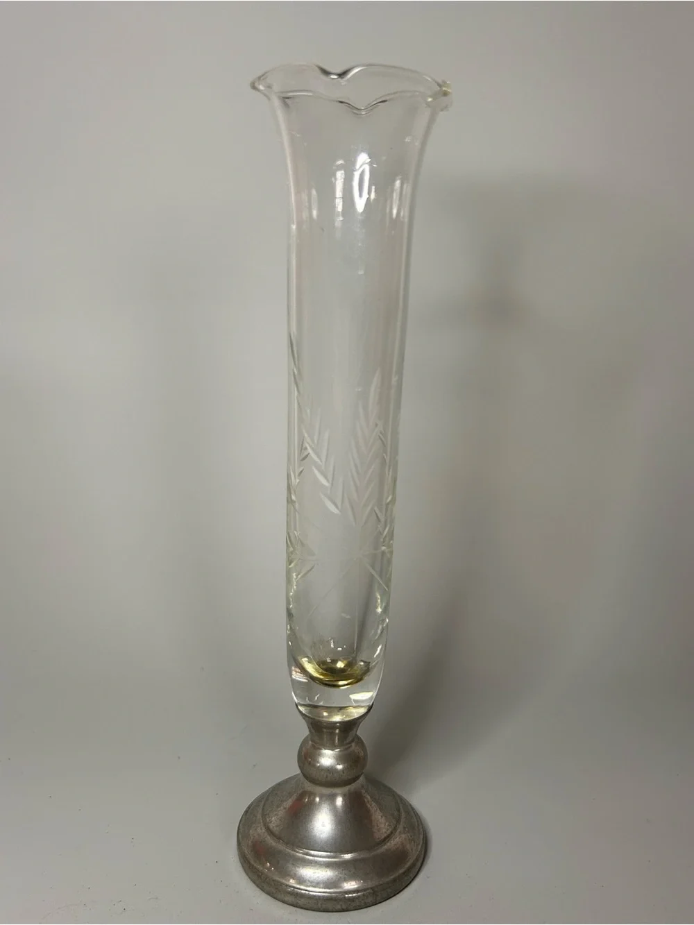 Vintage Web Pewter & Glass Flower Bud Vase Etched Wheat Ruffled Country‎ Cottage