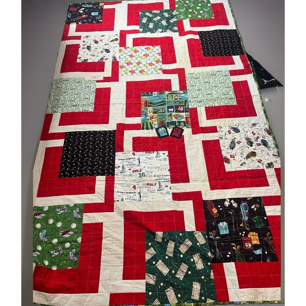 VINTAGE Patchwork Quilt Golf Themed On Both Sides 1950's