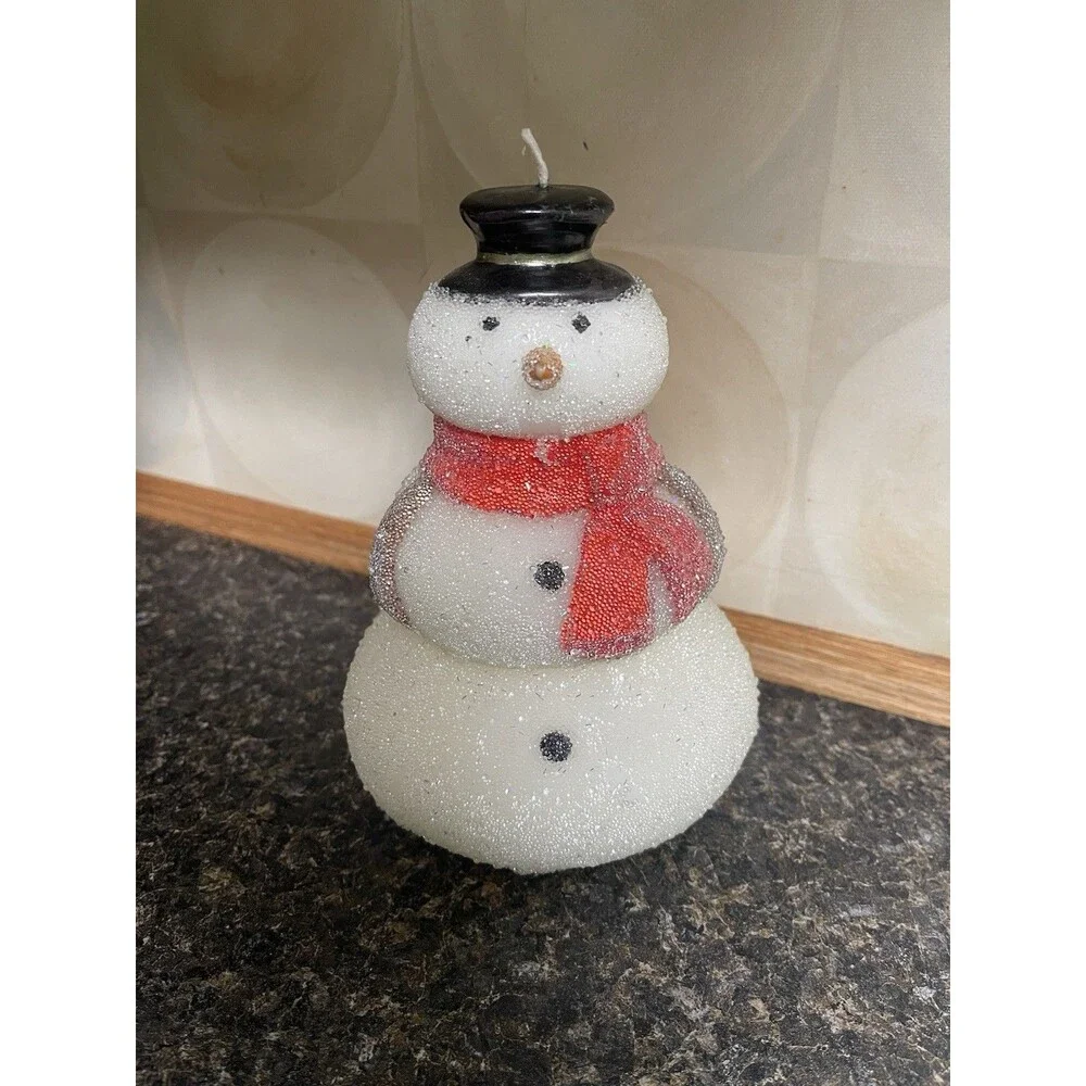 Vintage Pottery Barn 8 inch Glitter Snowman Candle Holidays Christmas whimsy NWT