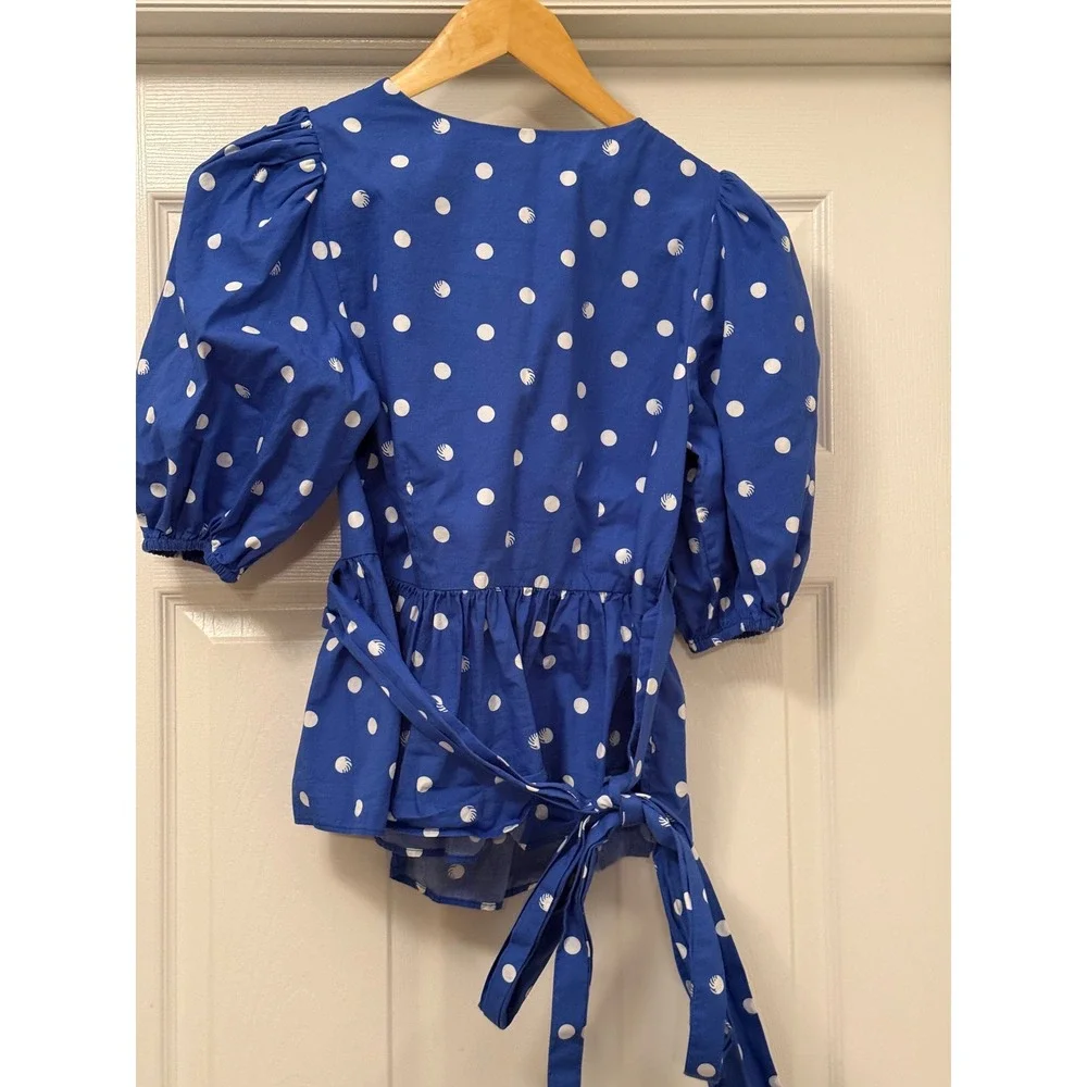 Lilly Pulitzer Wrap Top Women S Blue Polka Dot Shell Puff Sleeve Peplum Cotton