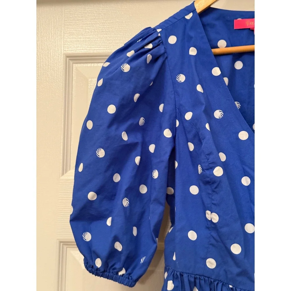 Lilly Pulitzer Wrap Top Women S Blue Polka Dot Shell Puff Sleeve Peplum Cotton