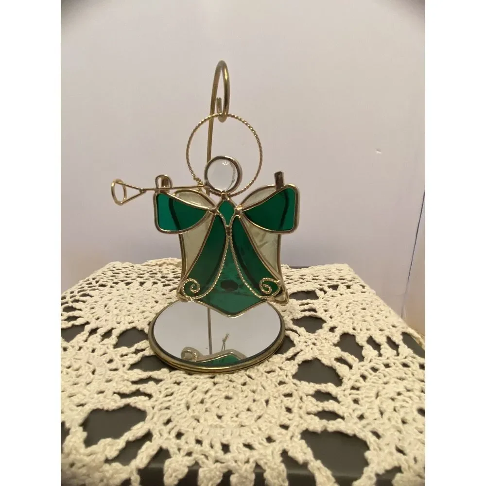 VTG Green Stained Glass Angel Ornament Sun Catcher Gold Metal Trim 5