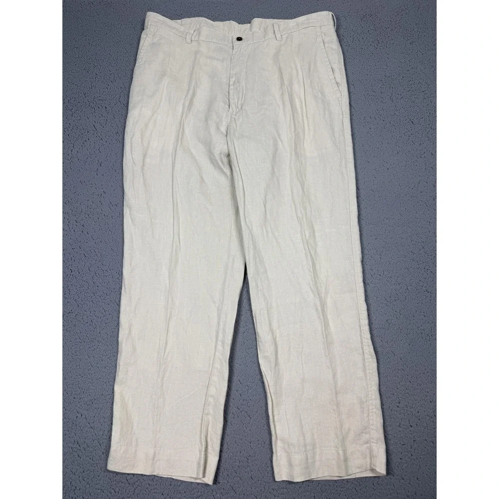 Jos A Bank Linen Dress Pants Mens 40x29 White Pleated Classic Fit Summer Wedding