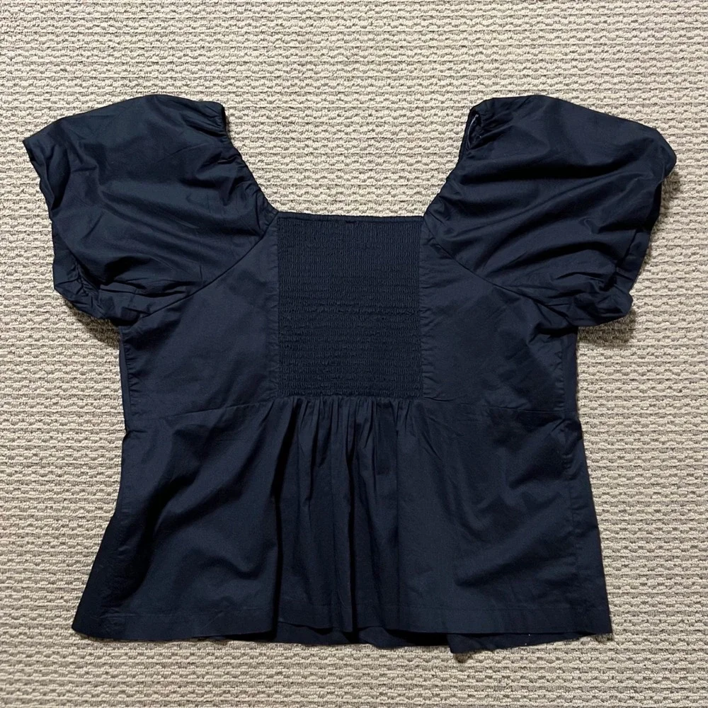 Old Navy Waist-Defined V-Neck Puff Sleeve Smocked Back Cotton Top Black Size XXL