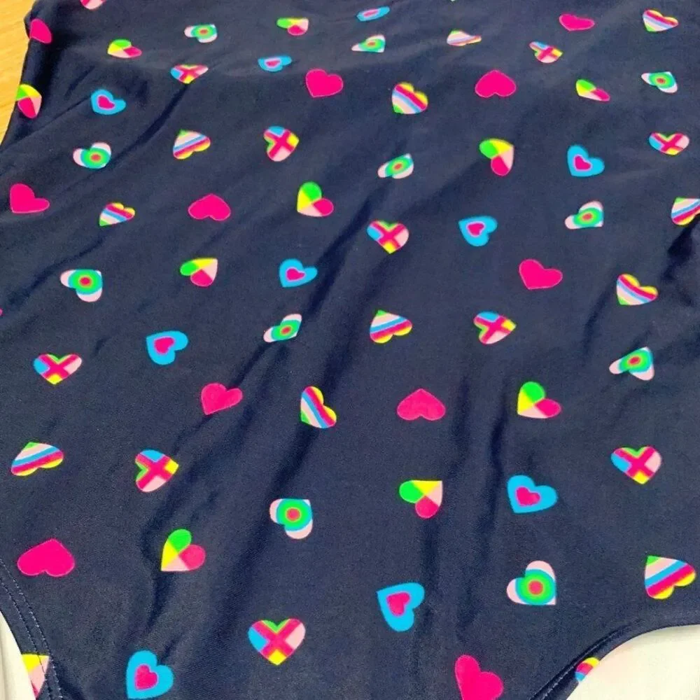 2/$20! OP Girls Deep Blue Colored Hearts All Over One Piece Bathing Suit Size XL