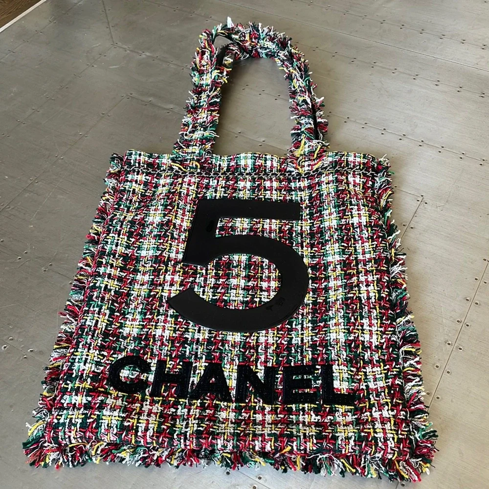 Chanel tweed no 5 tote shopper multi color bag black patent logo shoulder bag