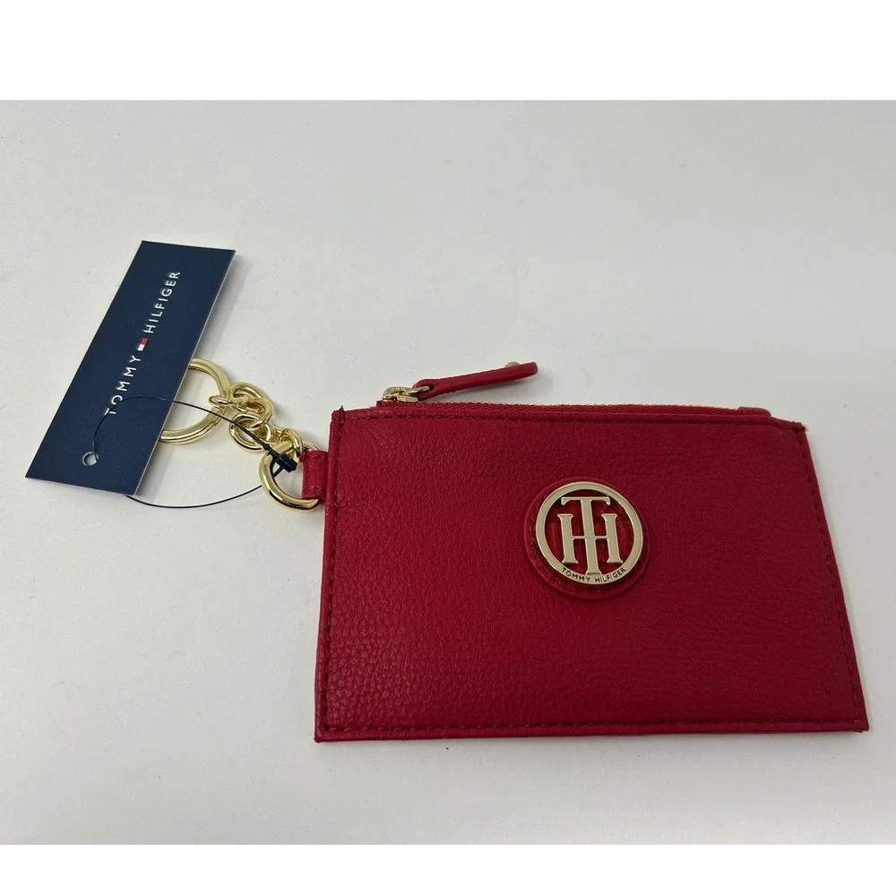 Tommy Hilfiger Womens Red Pebbled Card Case Wallet Keychain ID Window Zipper New