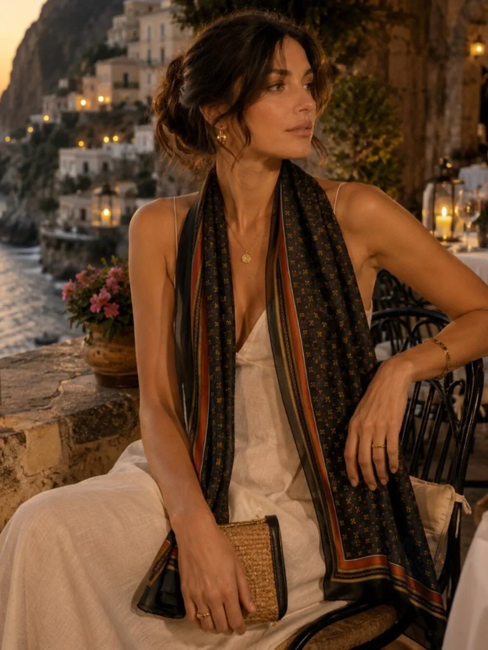 Vintage-Inspired Geometric Border Scarf | Paris Café Quiet Luxury Style