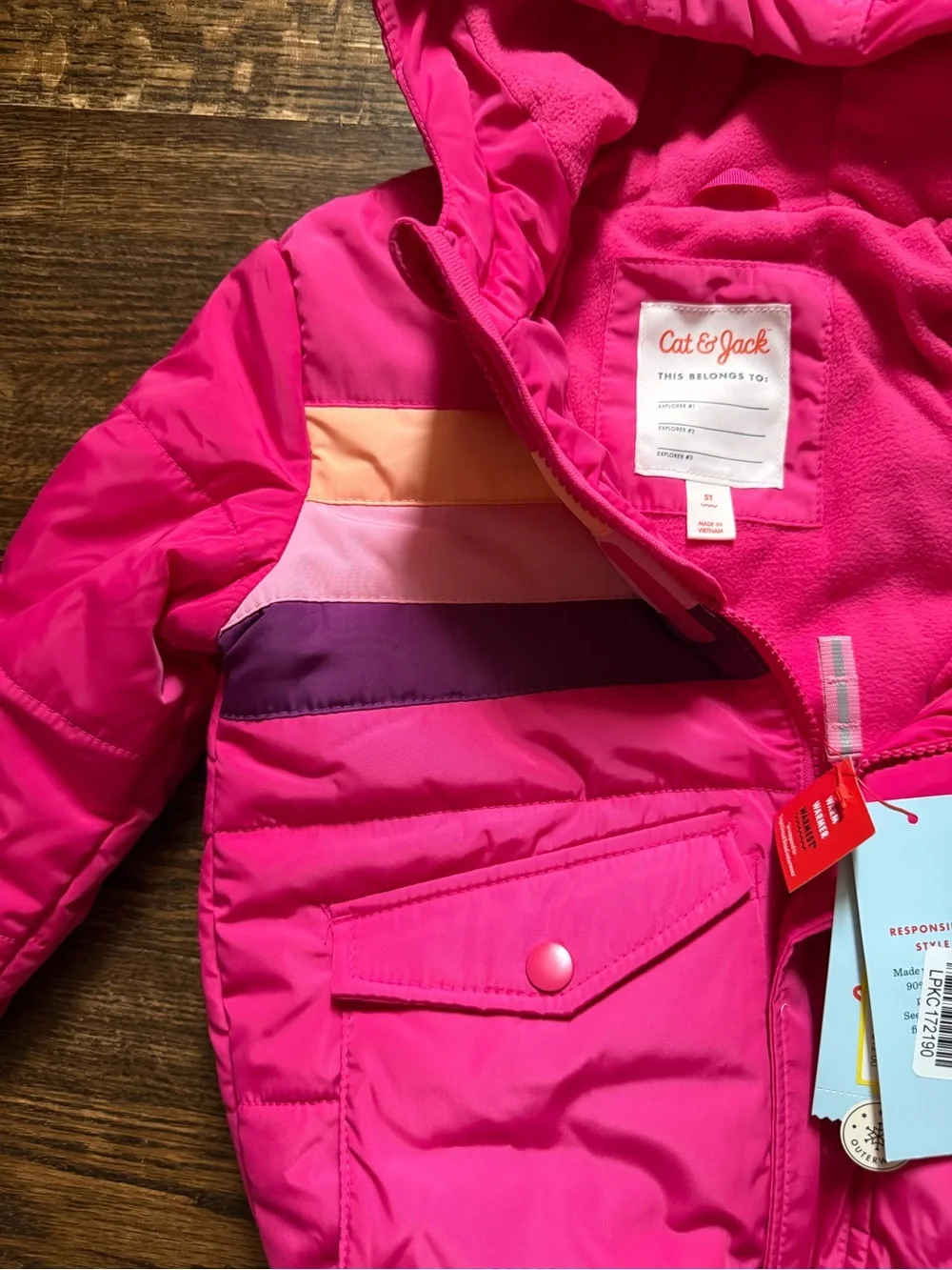 Cat & Jack Toddler Girls' Hot Pink Hooded Puffer Jacket with Color-Block Stripes