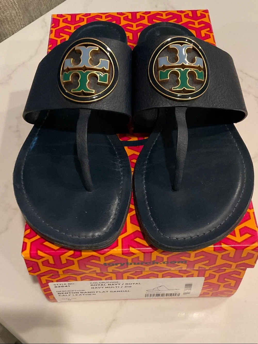 Tory Burch Navy Leather Thong Sandals with Gold Green Logo