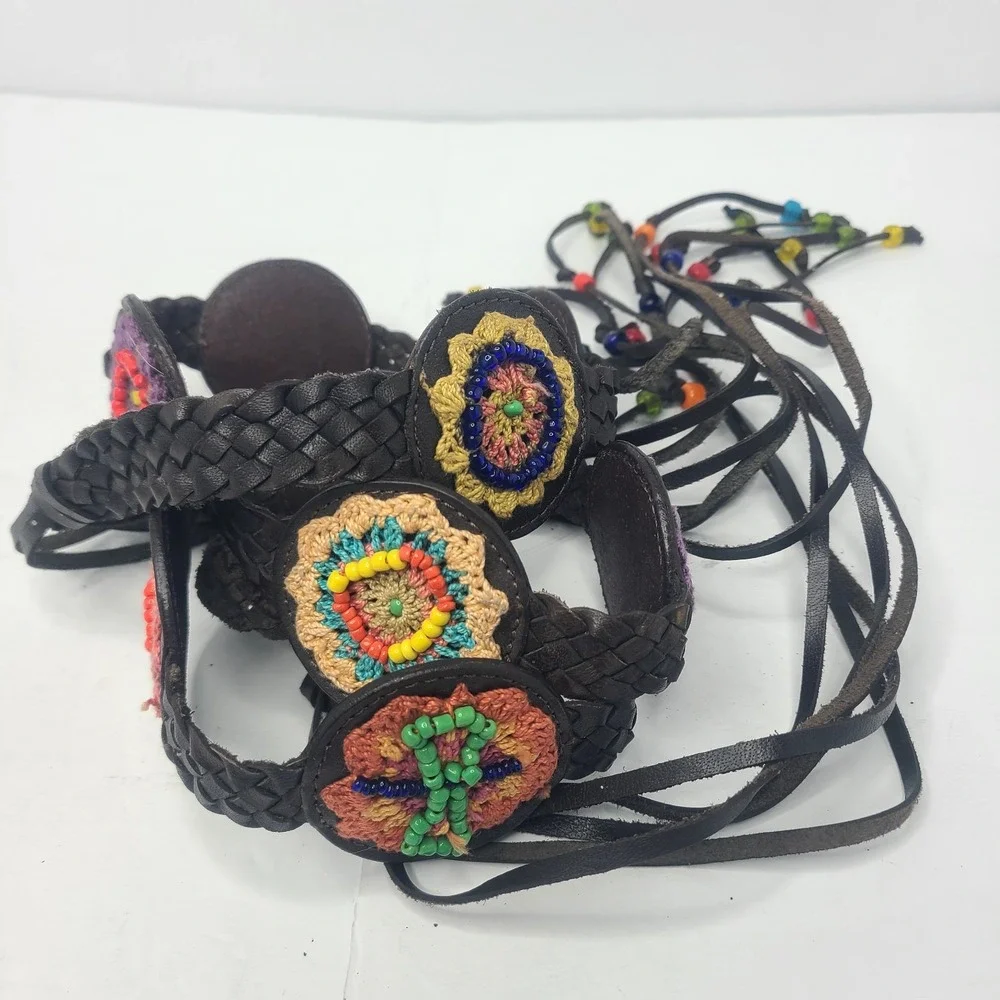 Chico's‎ Luquillo Tie Belt Bohemian leather Beaded Hippie Boho Southwest M/L