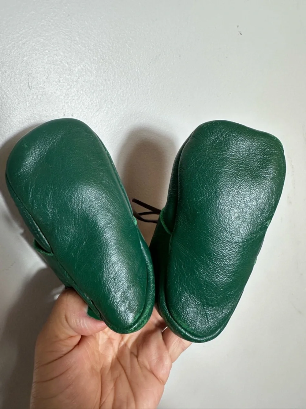 Baby Green Leather Moccasin Walker Shoes with Brown Laces