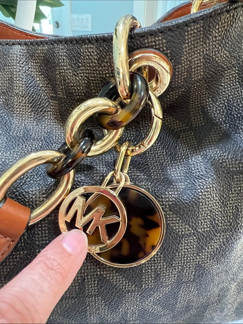 Michael Kors Brown MK Signature Shoulder Bag with Gold Hardware