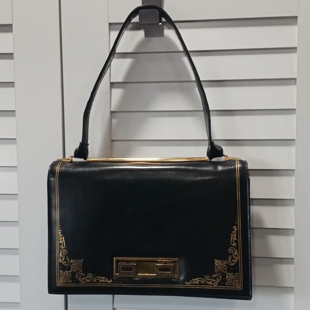 Black Shoulder Bag with Gold Accents