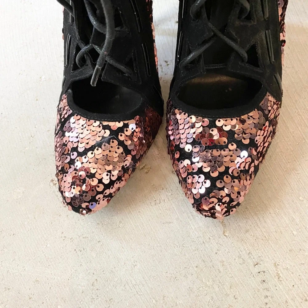 Privilege Starlit‎ Womens Rose Gold Black Sequin Size 7.5 Lace Up Stiletto Heels