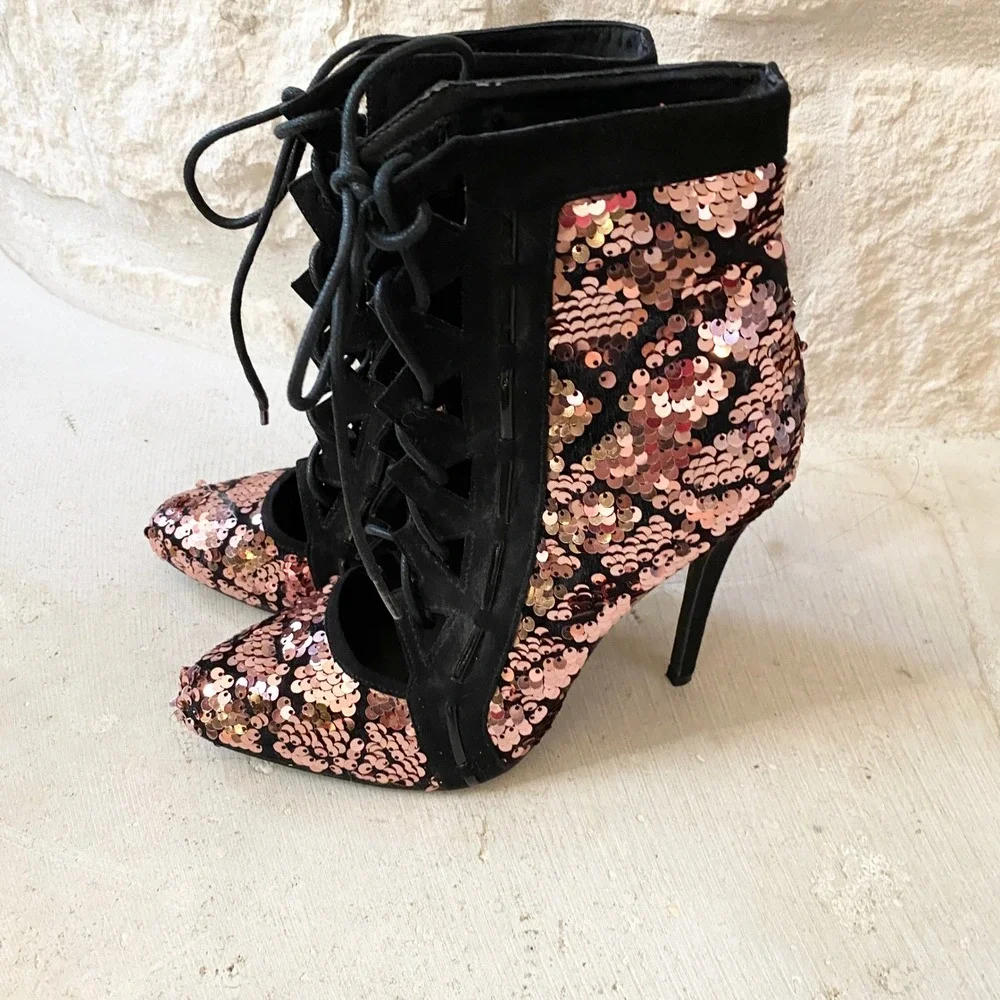 Privilege Starlit‎ Womens Rose Gold Black Sequin Size 7.5 Lace Up Stiletto Heels