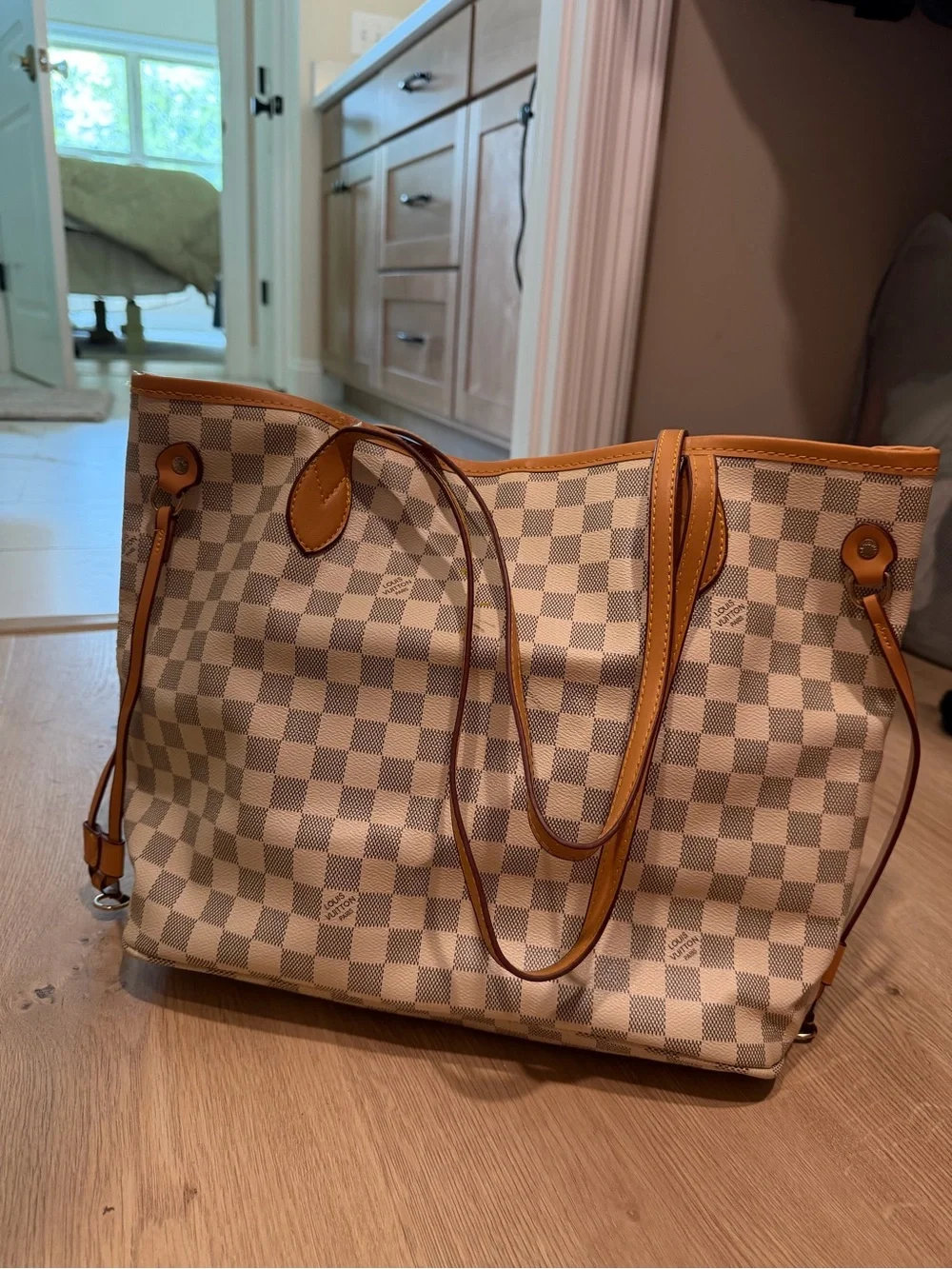 Canvas Check Tote Bag with Tan Trim
