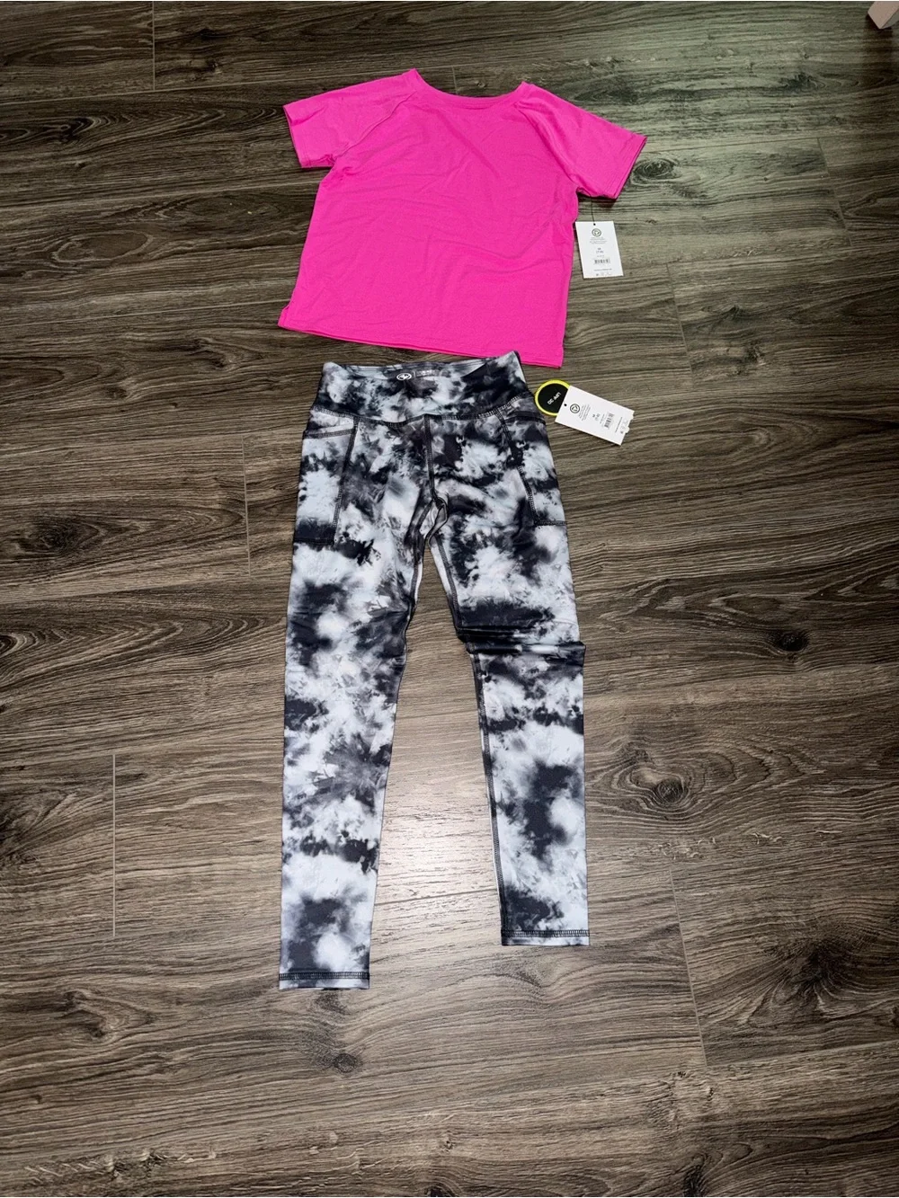 Girls Black & White Tie-Dye Performance Leggings & pink top size kids 7/8