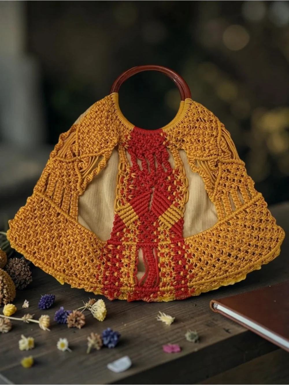 Vintage Handcrafted Yellow and Red Crochet Bag