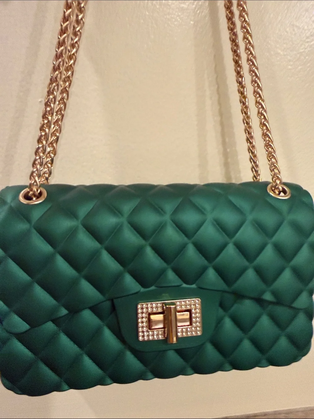 Emerald Quilted Shoulder Bag with Gold Chain and Crystal Turn-Lock