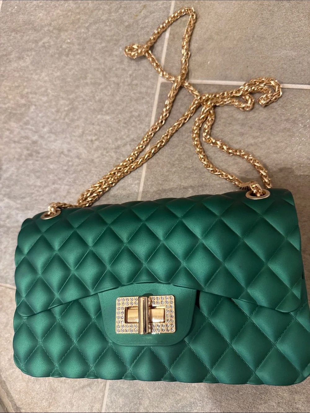 Emerald Quilted Shoulder Bag with Gold Chain and Crystal Turn-Lock