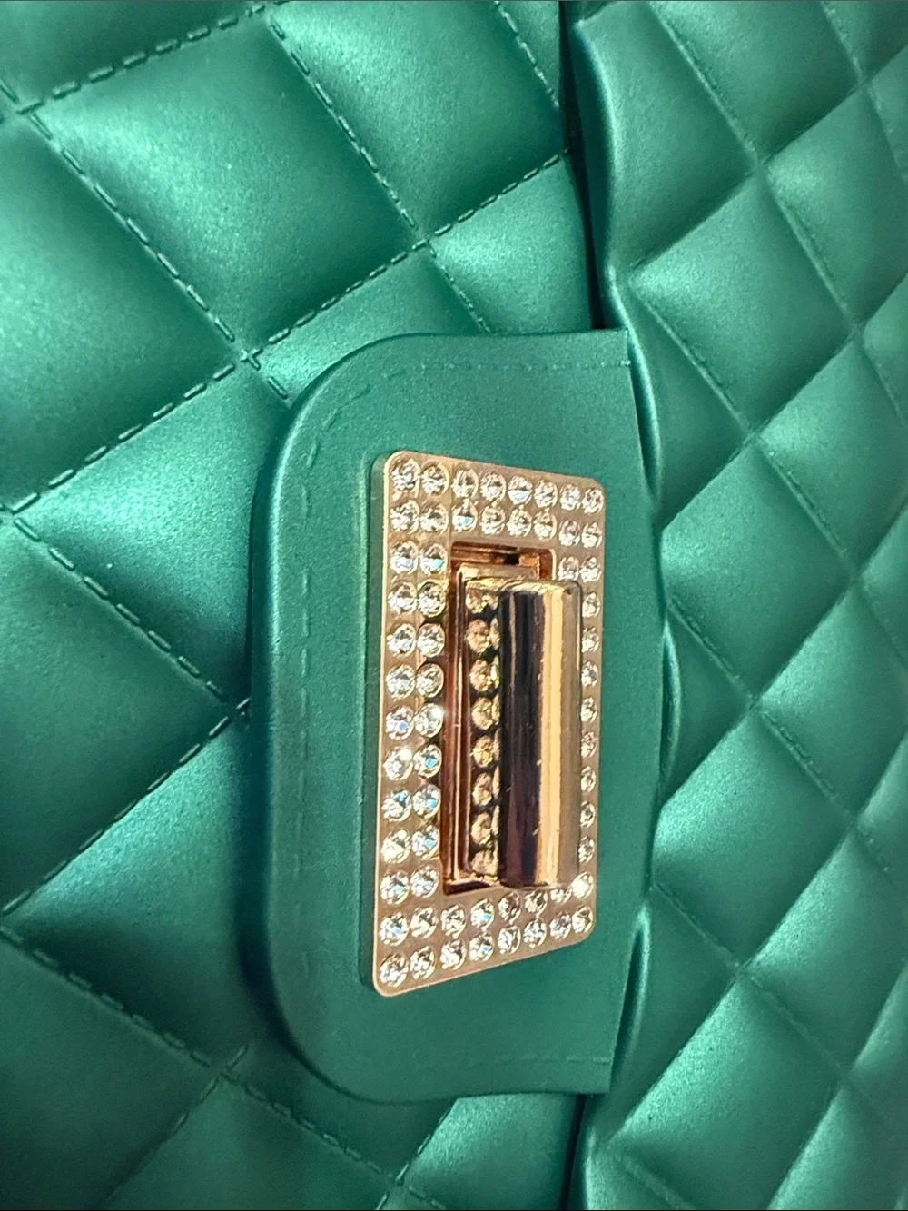 Emerald Quilted Shoulder Bag with Gold Chain and Crystal Turn-Lock