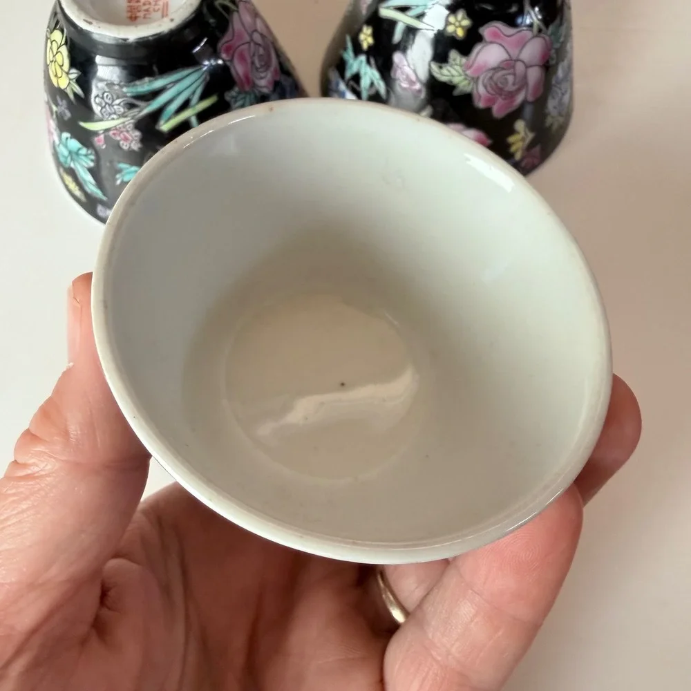Jingdezhen Famille Noire Tea Cups - Set of 3 Hand-Painted Black Porcelain Floral