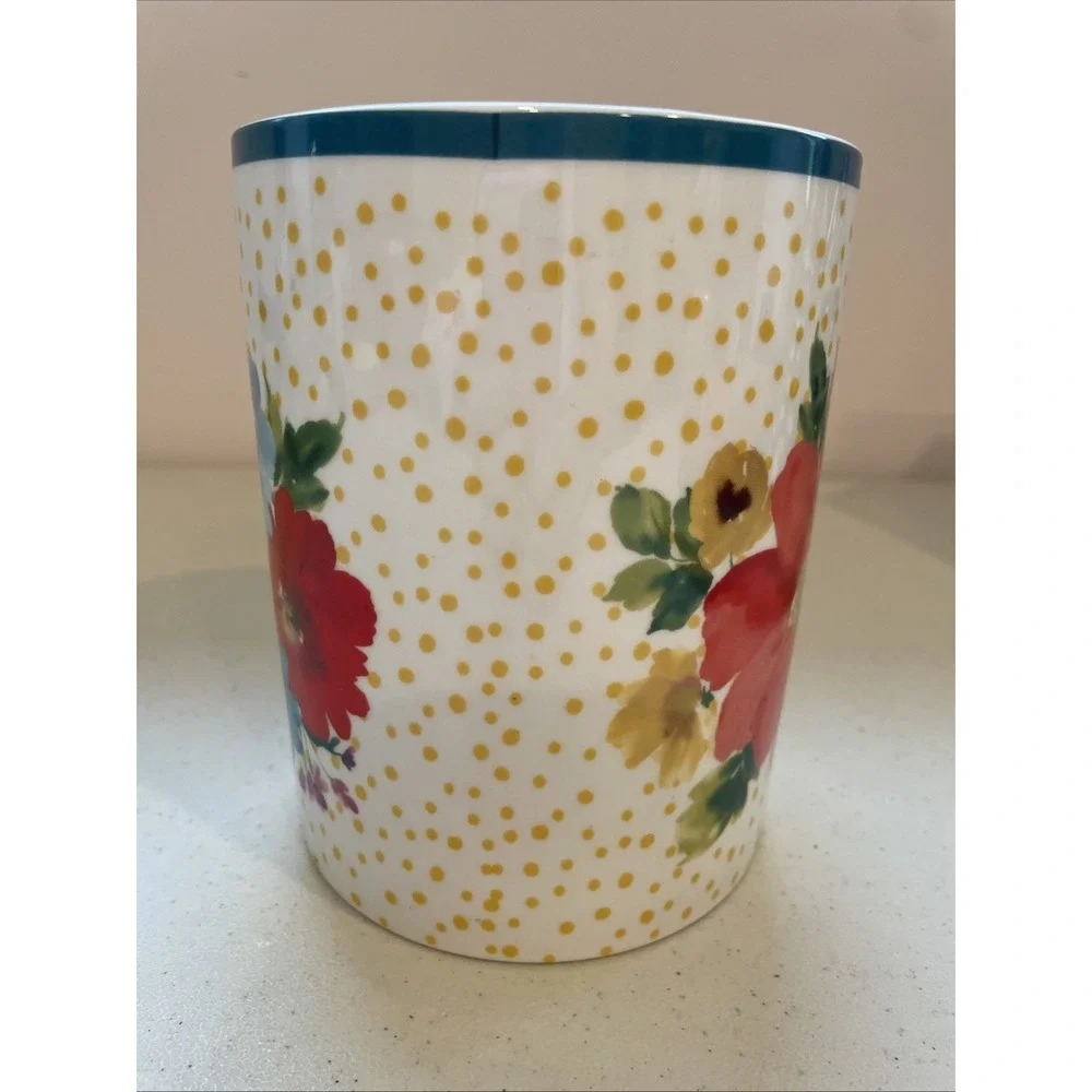 Breezy Blossom Crock Utensil Holder Pioneer Woman Floral Yellow Polka Dot 6
