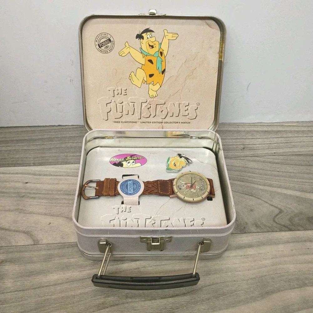 Vintage Fossil Fred Flintstone Watch Limited Edition Braided Strap & Tin 1993