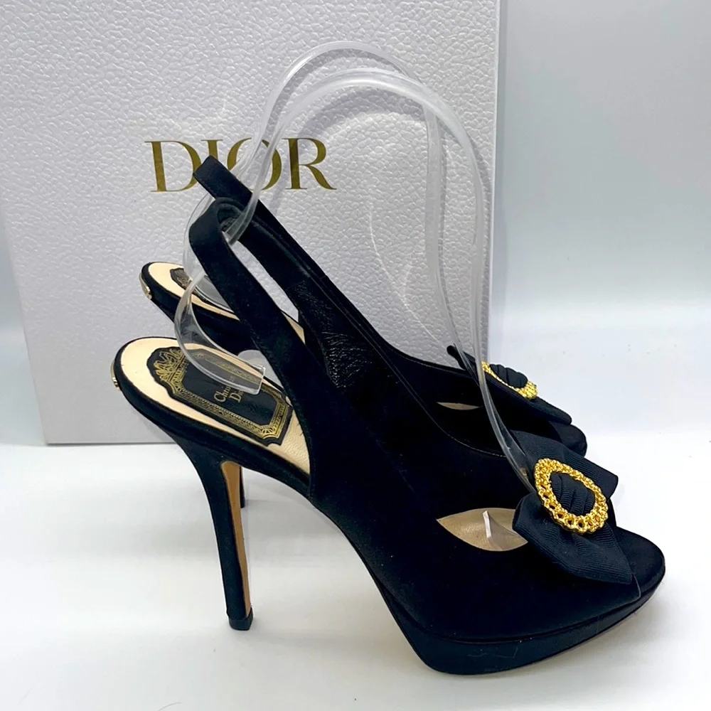 Dior Black Slingback Peep-Toe Heels with Gold Chain Accent