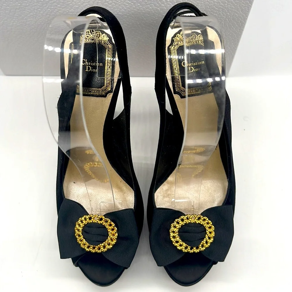 Dior Black Slingback Peep-Toe Heels with Gold Chain Accent