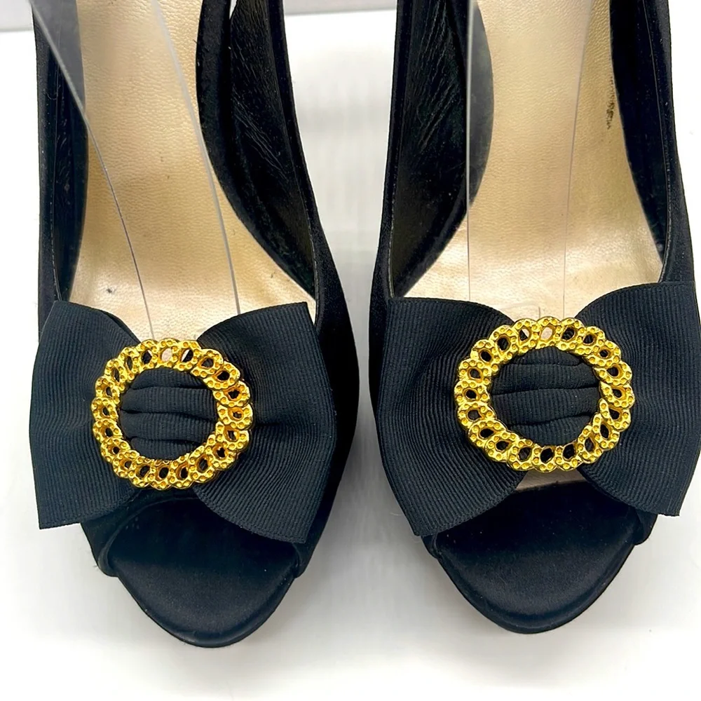 Dior Black Slingback Peep-Toe Heels with Gold Chain Accent