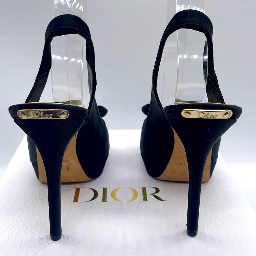 Dior Black Slingback Peep-Toe Heels with Gold Chain Accent