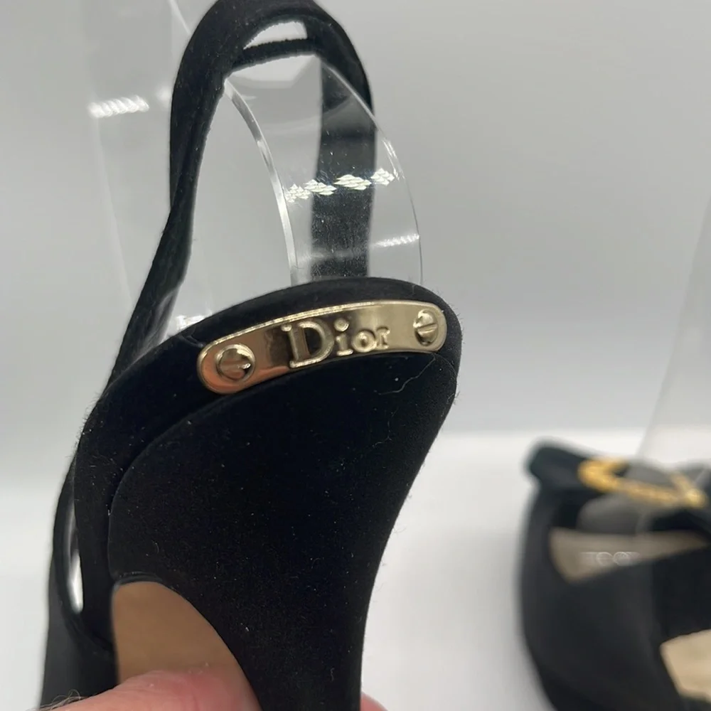 Dior Black Slingback Peep-Toe Heels with Gold Chain Accent