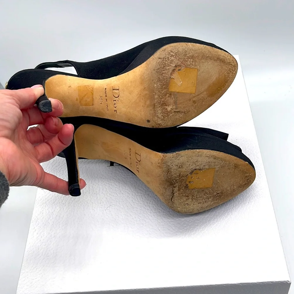 Dior Black Slingback Peep-Toe Heels with Gold Chain Accent