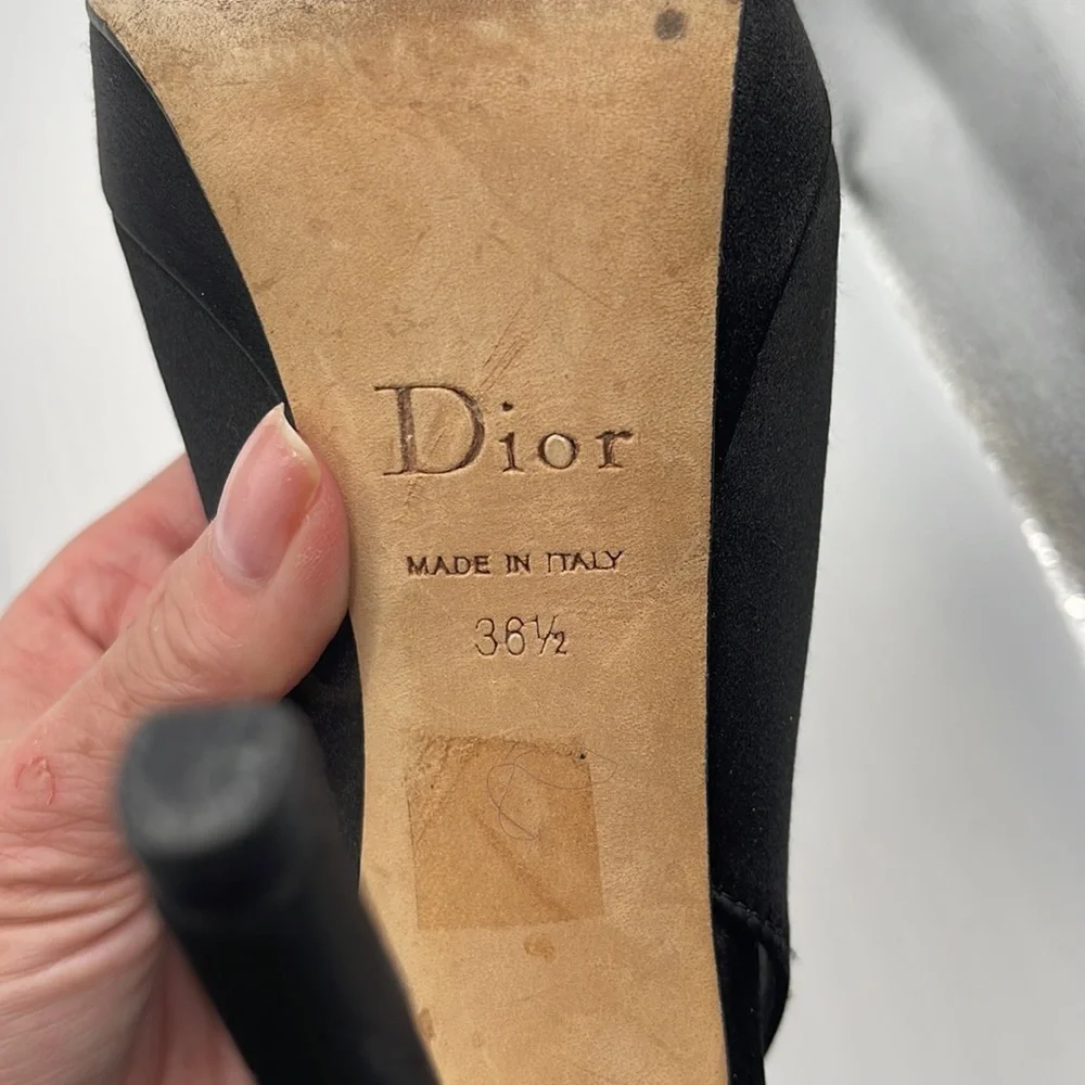 Dior Black Slingback Peep-Toe Heels with Gold Chain Accent
