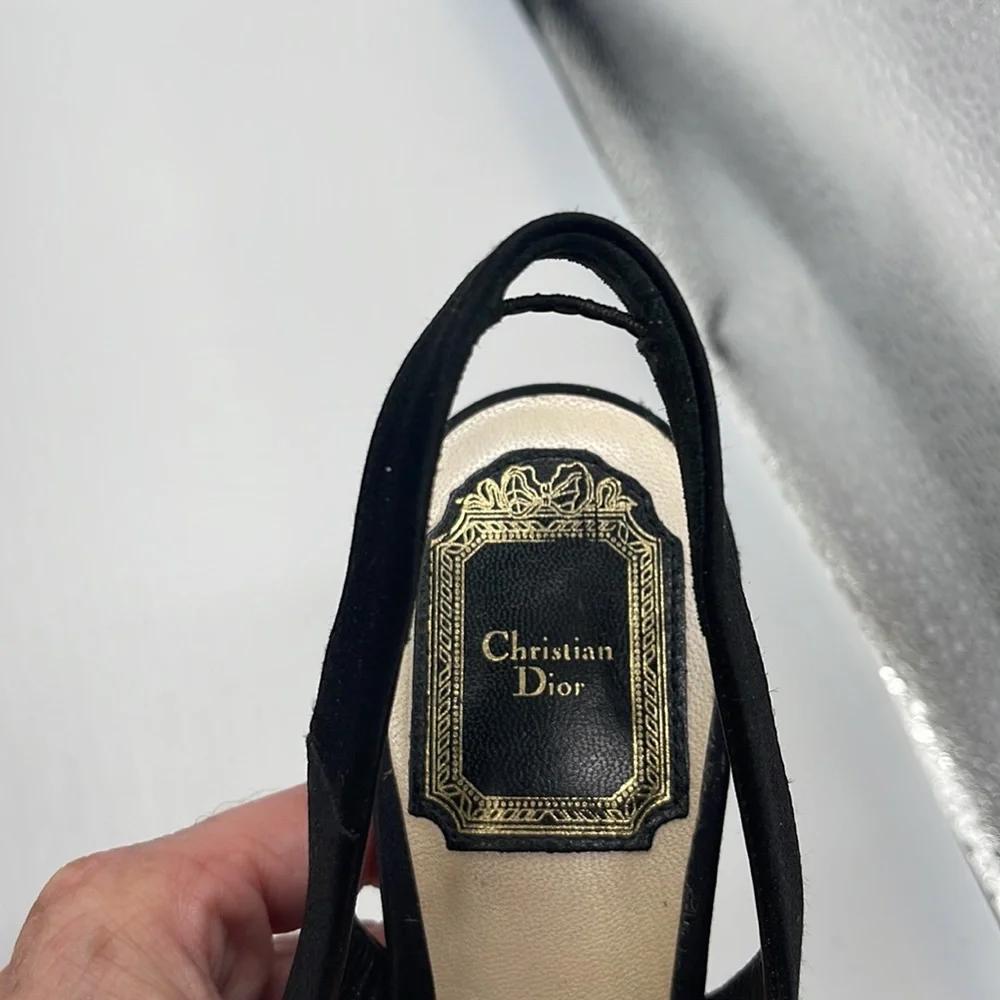 Dior Black Slingback Peep-Toe Heels with Gold Chain Accent