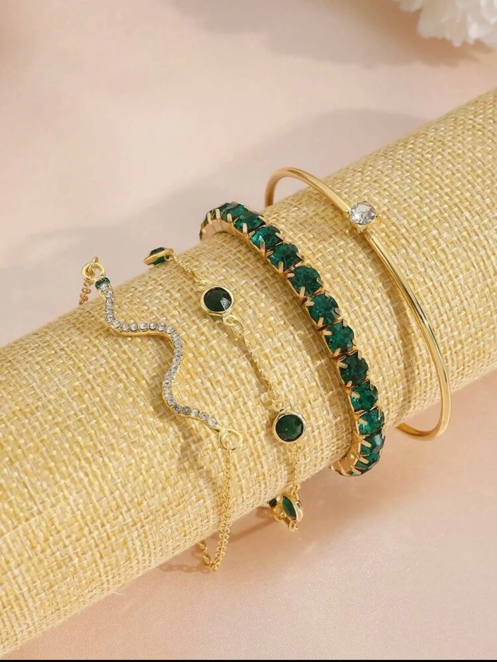 4Pcs Gold Green Crystal Snake Bracelet Set Womens Emerald Rhinestone
