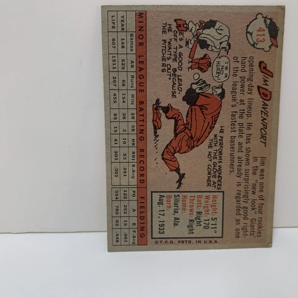 JIM DAVENPORT ROOKIE CARD, San Francisco Giants, #413, 1958 Topps Baseball